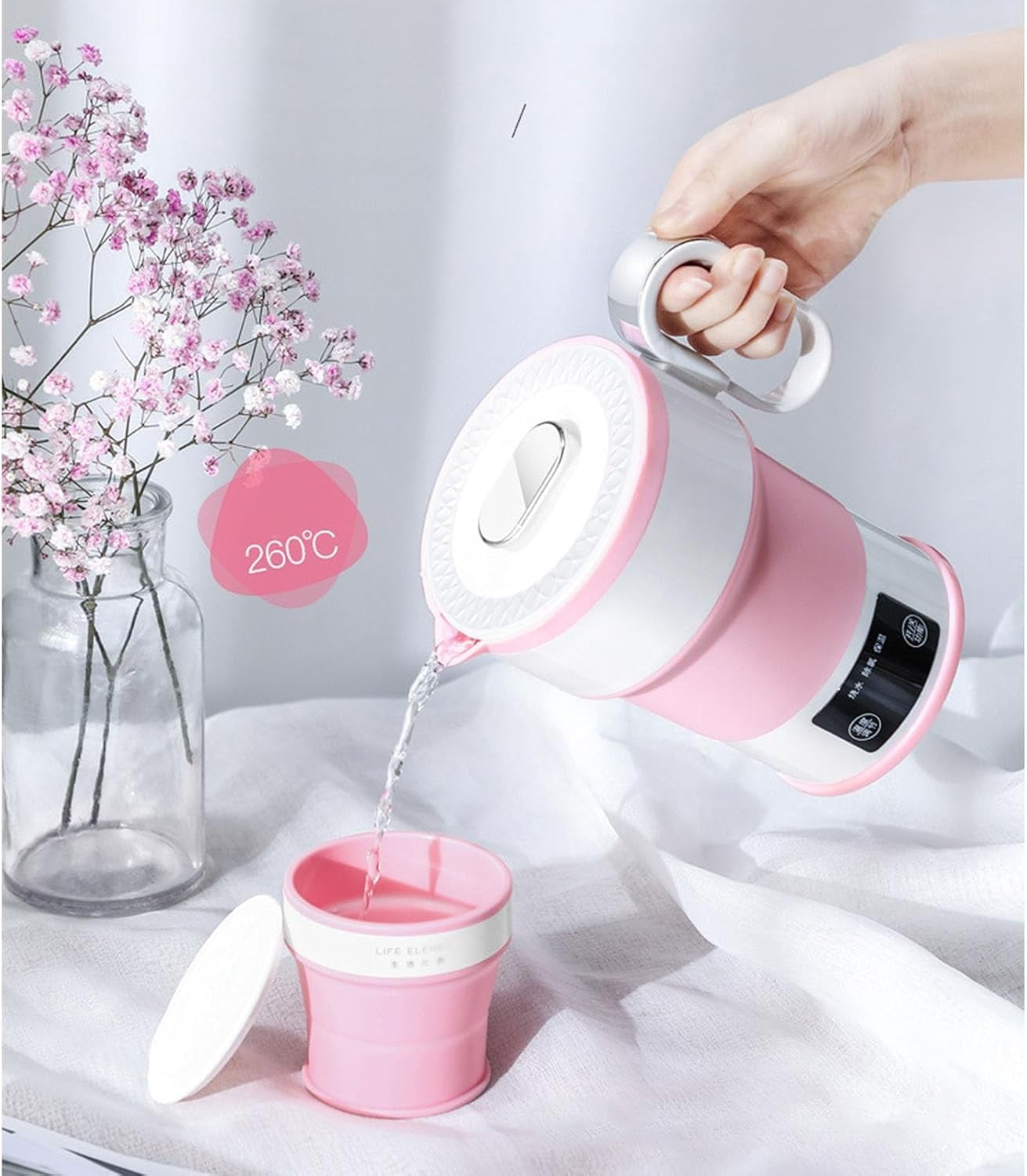 RKXQT  0.6L Travel Foldable Electric Kettle with LED Digital Display Portable Food Grade Silicone Cookerware BPA Free Fast Boiling with Boil-Dry Protection Dual Voltage Auto Shift (Color : Pink)