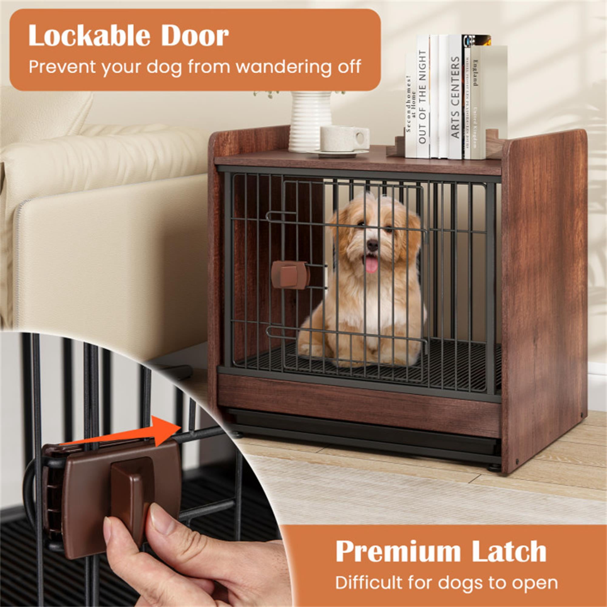 Pefilos 25" Dog Crate Furniture, Indoor Dog Kennel with Removable Tray and Lockable Door, Decorative Pet Cage Dog House, Brown