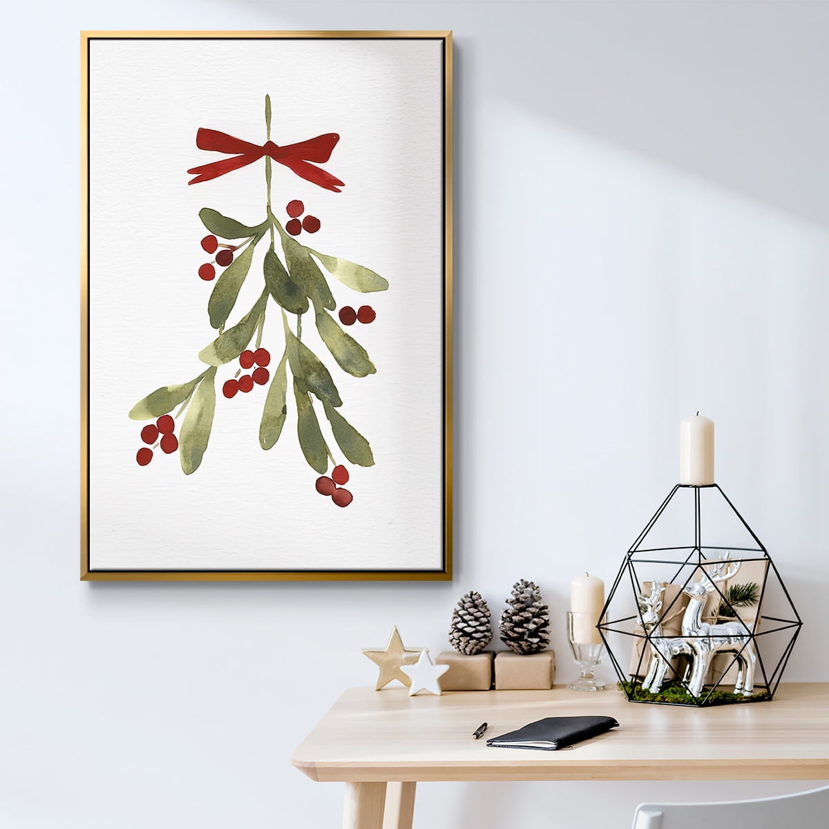Mistletoe Bow I - Framed Gallery Wrapped Holiday Canvas - 25 x 37 - Gold Frame