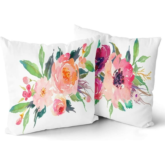 Set of 2 Throw Pillow Covers Watercolor Floral Pink Flower Decorative Pillow Cases Home Decor Square 18x18Inches Pillowcases