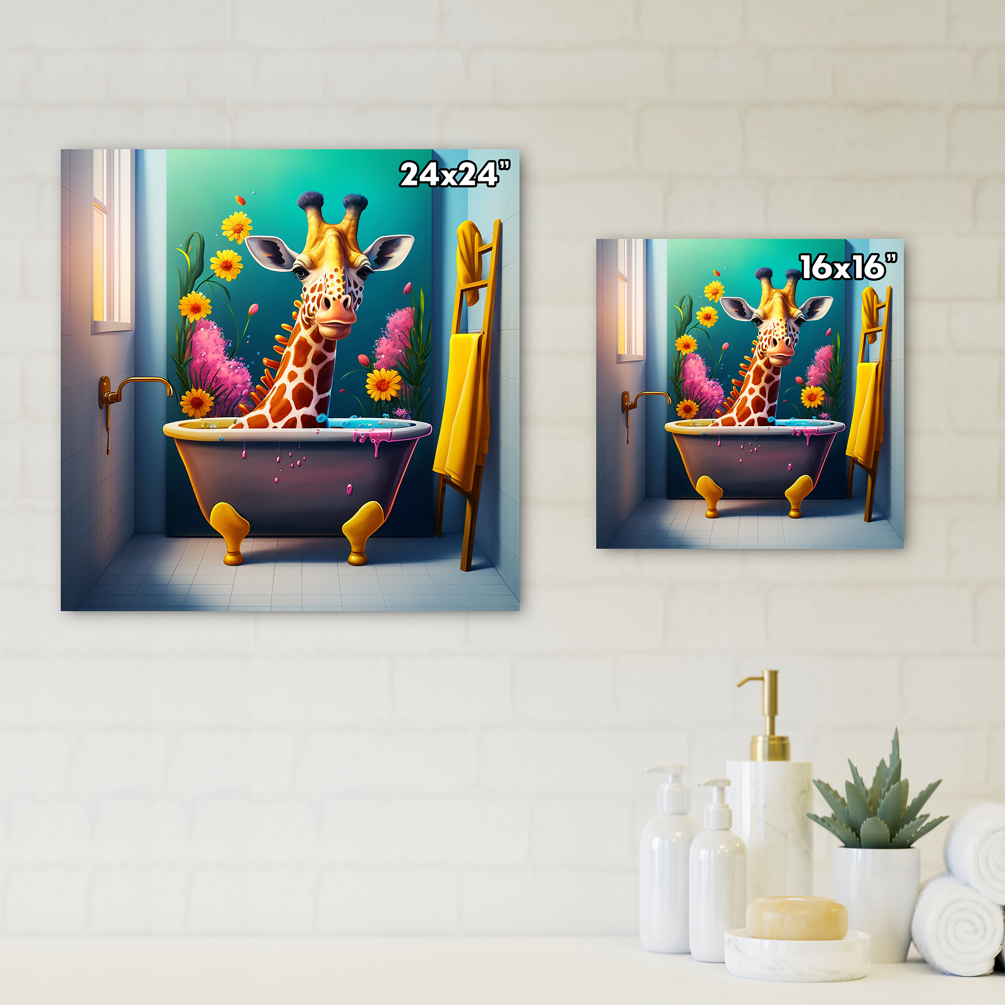 Designart Giraffe Caricature Splashing Around In A Flower Bath III Canvas Wall Art
