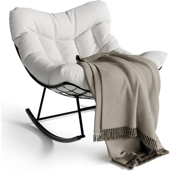 Patio Papasan Rocking Chair, with Sturdy Metal Frame, Outdoor Rattan Egg Rocker, Patio Lounge Rocking Chair, for Living Room, Balcony, Backyard
