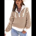 thumbnail image 3 of Suéter de Punto Acanalado de Larga con Media Cremallera A Rayas para Mujer, Tops Casuales, Cómodos y Ligeros, Moda de Otoño Marrón M, 3 of 8