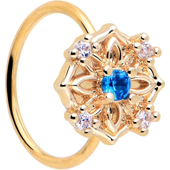 Body Candy 20 Gauge 5/16 Blue CZ Gem Gold Tone Flower Ring Nose Hoop Stainless Steel for Women