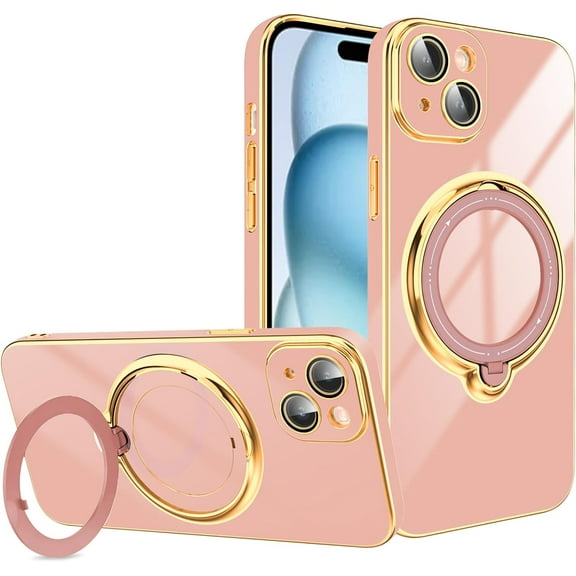 Pink for iPhone 15 Case with Magnetic Ring Holder [Built-in Camera Lens Protector] [Compatible with Magsafe] Glitter Gold Electroplated Protective Case for iPhone 15 2023