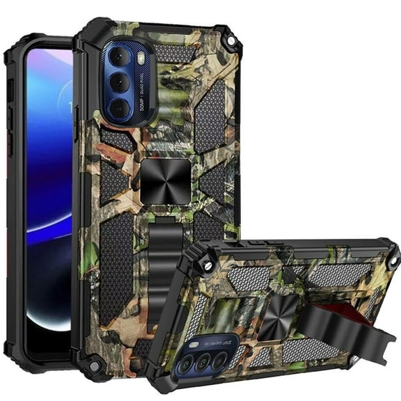 for Motorola Moto G 5G (2022 Version) Ring Phone Case Magnet Mount Ready Slip Guard Grids Pattern Kickstand Hybrid Slim Shock Bumper Cover with Tempered Glass