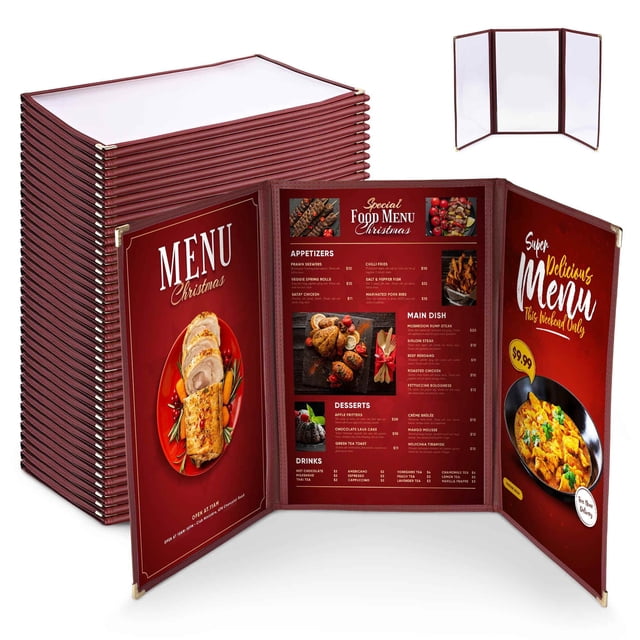 Wechef 30 Pack Menu Covers 8.5x14inches Triple Fold 6 view double stitch Book Restaurant Cafe Page