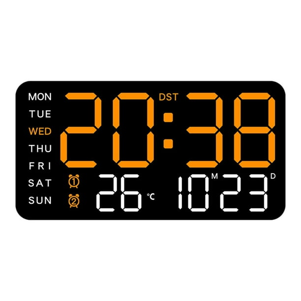 Reloj despertador digital LED con dos configuraciones de alarma y pantalla LED de tiempo. Eléctrico. Luz naranja