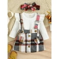 thumbnail image 2 of Gureui Toddler Infant Baby Girls Spring Autumn Clothes Set, Solid Ribbed Long Sleeve Ruffled Romper + Plaid Print Suspender Skirt + Headband, 2 of 9