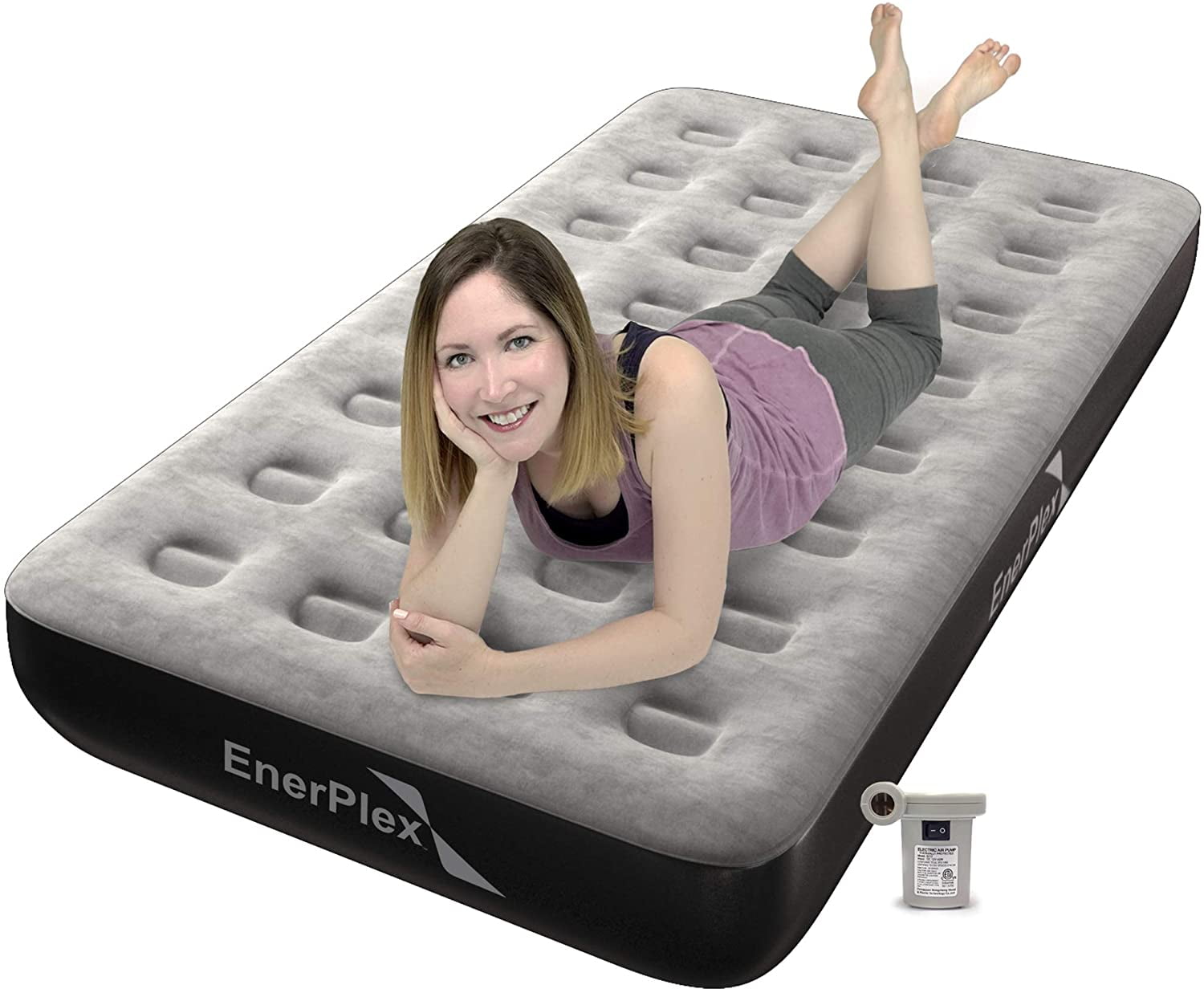 EnerPlex Luxury 9 Inch Twin Air Mattress with with High Speed Pump, Grey