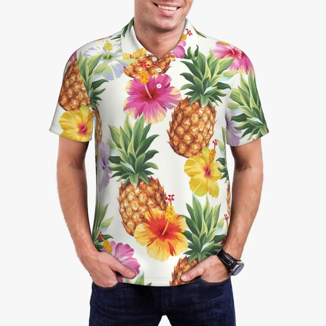 Balery Hawaiian Pineappl Camisa Polo de Hombre con Estampado, de Manga Corta y Tejido Medio, Camisa Tipo Golf Polo-X-Large