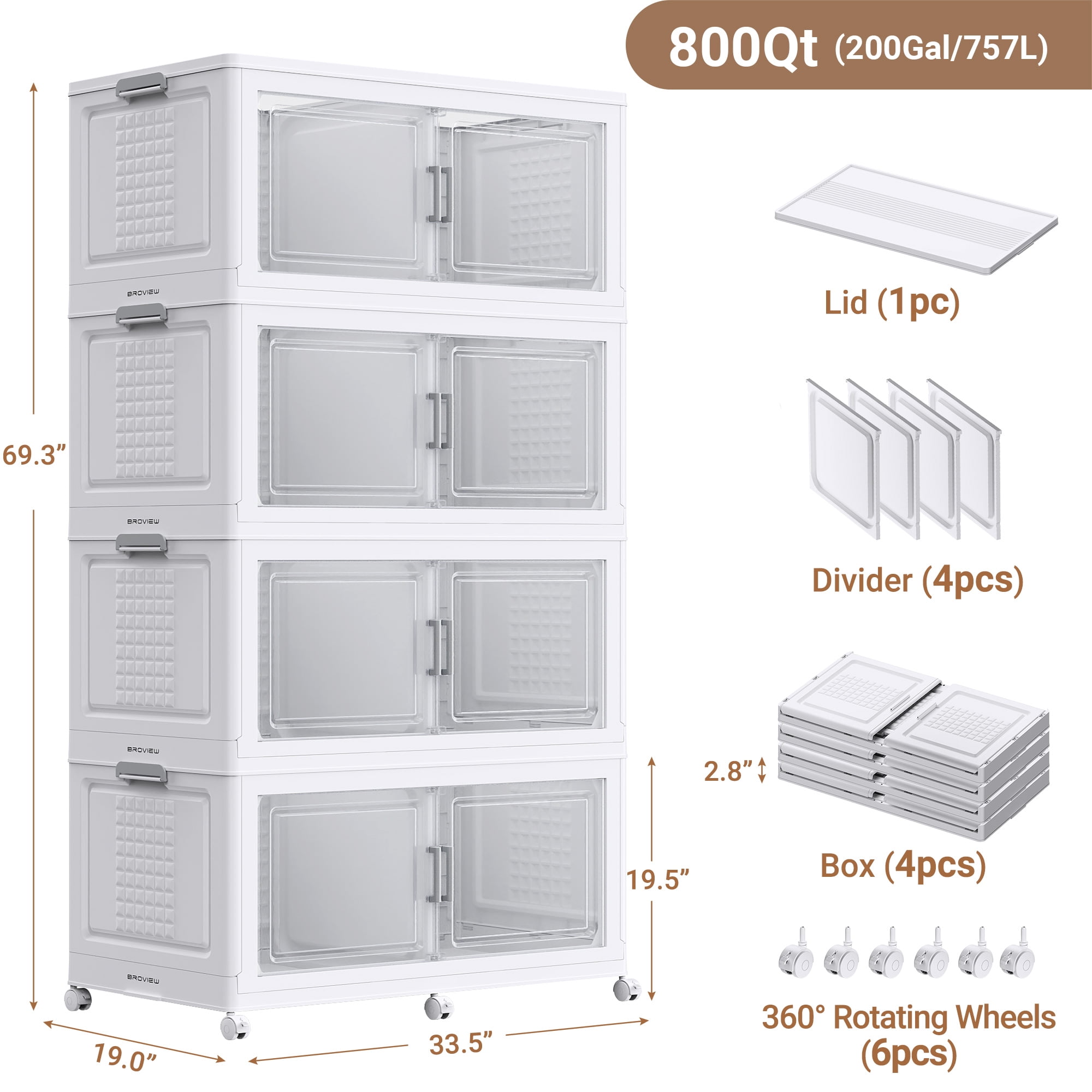 Broview 800QT Stackable Storage Bins with Lid, Wheels & Dividers, Extra Large Collapsible Plastic Closet Organizers Storage Cabinet Box,4Pack White