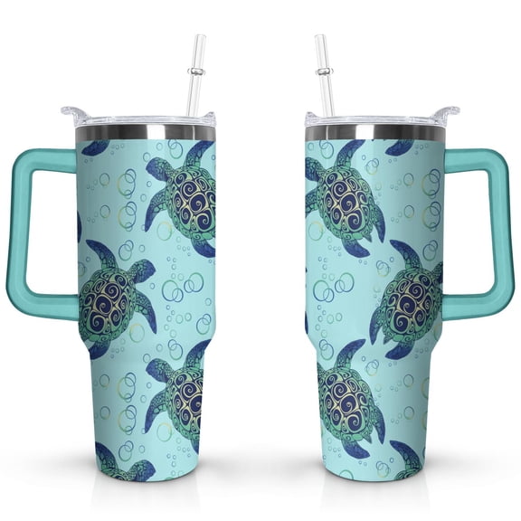 40oz Cute Ocean Life Turtle Stainless Steel Flip Straw Tumbler Spill Proof Travel Cup Double Wall Vacuum Insulated Coffee Mug with Top Handle