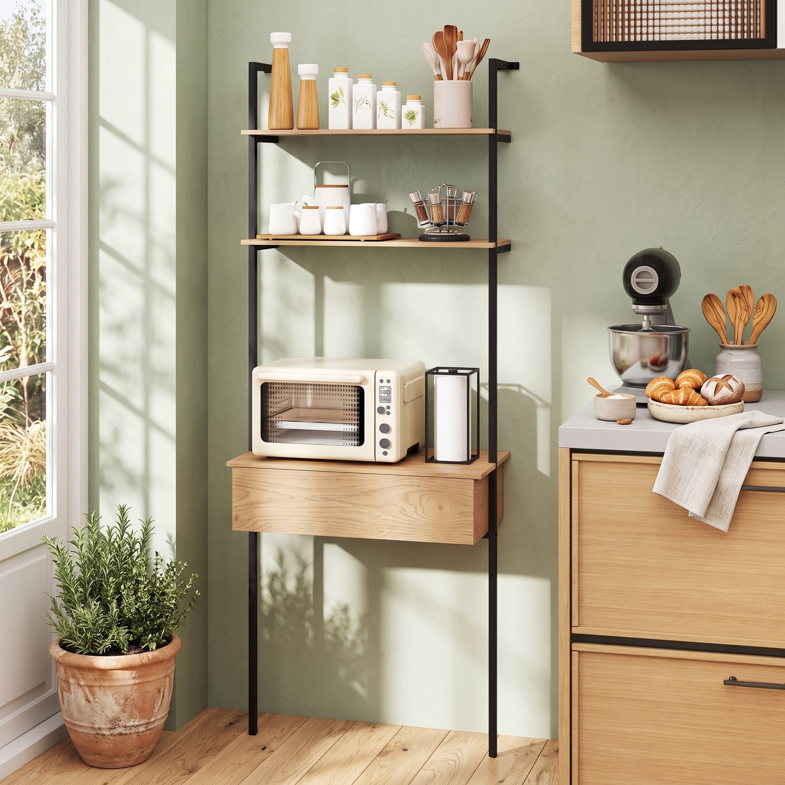 Furnibear 4-Tier Ladder Bookshelf with Drawer, Tall Narrow Metal Frame Bookcase Storage Shelf for Living Room, Bedroom, Home Office, Natural