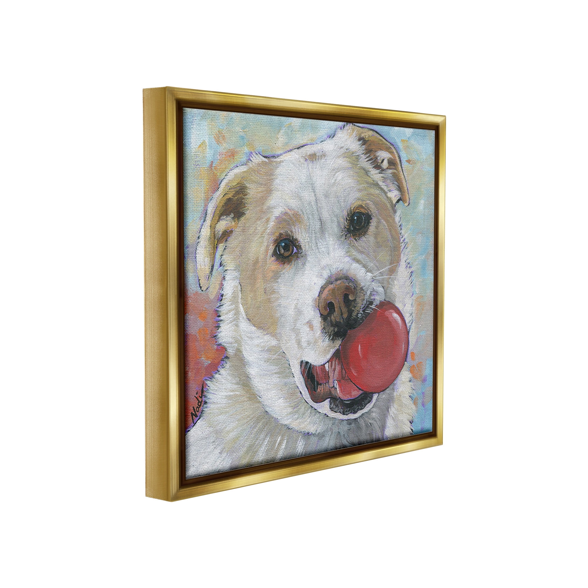 Stupell Industries Dog & Ball Portrait Animals & Insects Painting Gold Floater Framed Canvas Art Print Wall Art, 25 x 25
