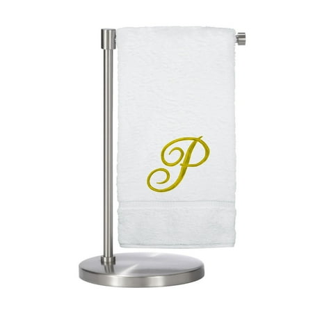 Monogrammed Bath Towel Personalized Gift 27 x 54 inches - Set of 2 - Gold Script Embroidered Towel - 100% Turkish Cotton- Soft Terry Finish - for Bathroom or Spa - Script P White