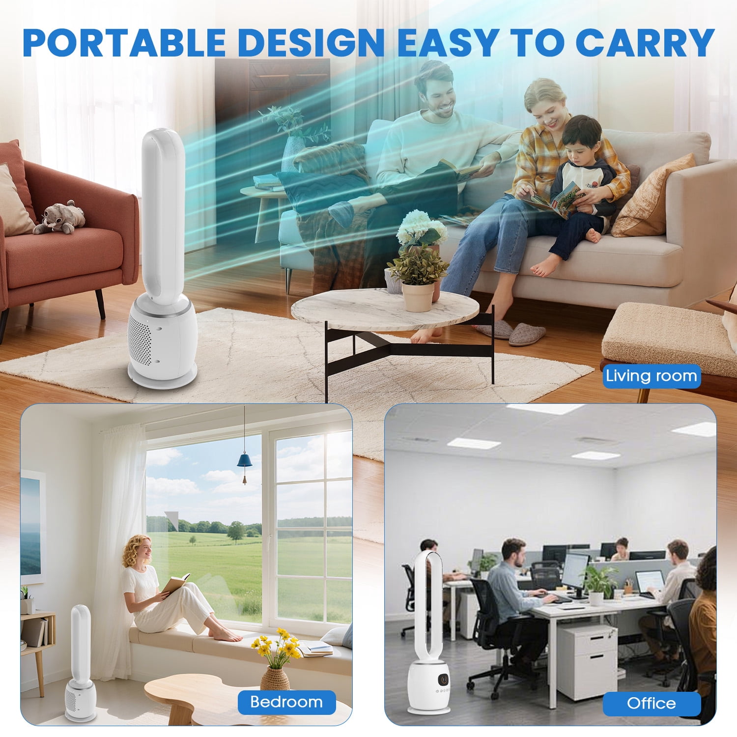 Bladeless Fans for Home, 33" Standing Floor Fan, 29 ft/S Quite Tower Fan with Remote, 90° Oscillating, 3 Modes & 3 Speeds, 12H Timer