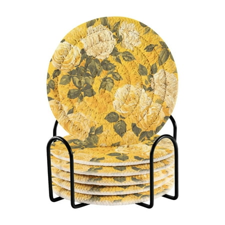 

6 coil coasters 3.94x3.94x0.24 inch water coasters Drink coasters with cup holders Absorbent coasters Heat resistant for bar protection Beautiful Yellow Rose Seamless