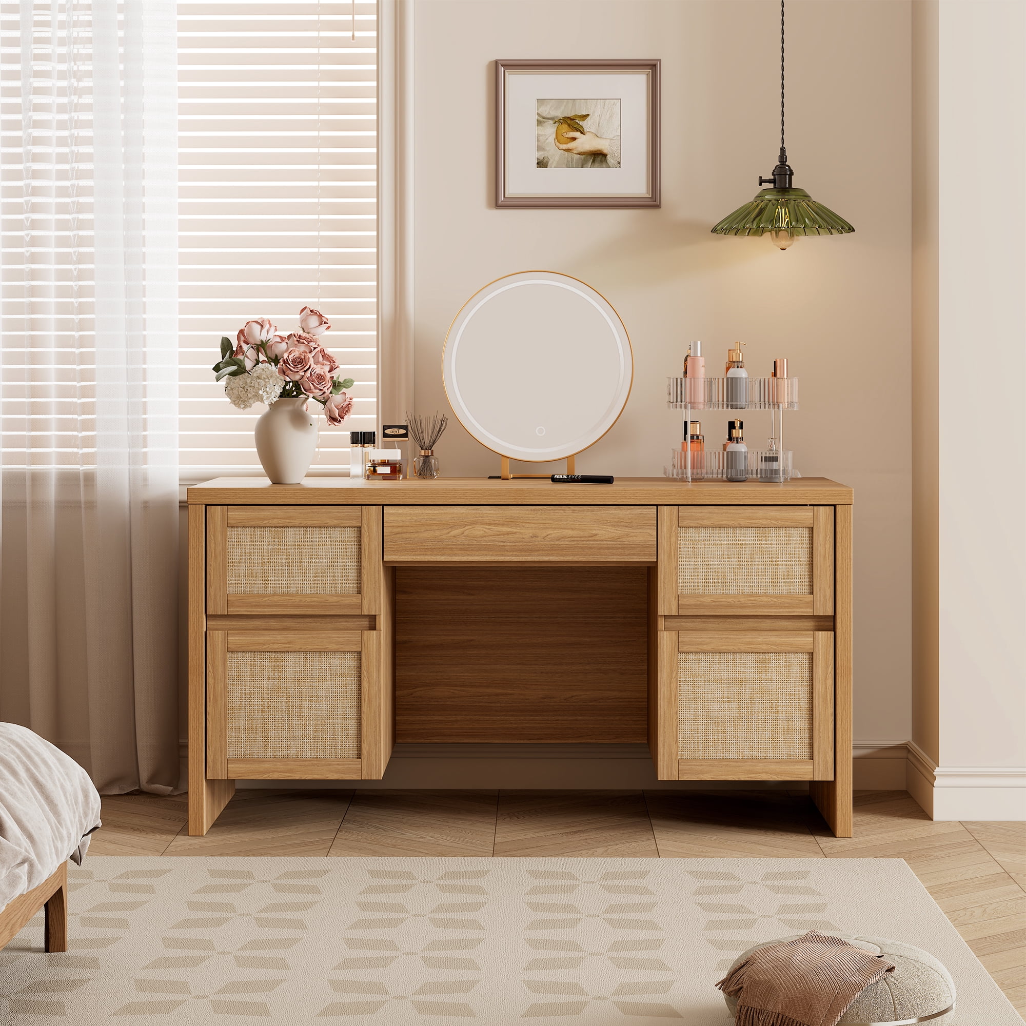 Brafabhome 57" Rattan Executive Desk with 5 Storage Drawers, Modern Study Writing Table Wooden Computer Desks with Charging Station for Home Office Bedroom | Oak