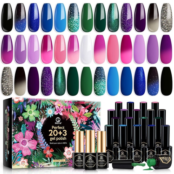 MEFA Kit de 60 esmaltes de uñas de gel con luz UV, 42 colores para todas las estaciones, juego de esmalte de uñas en gel con base mate/brillante, removedor de cutículas, herramientas esenciales de man