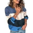 thumbnail image 2 of Pull Femme à Blocs de Couleur Rayé Col Rond Blouse Ample à Manches Longues, Bleu, S, 2 of 5