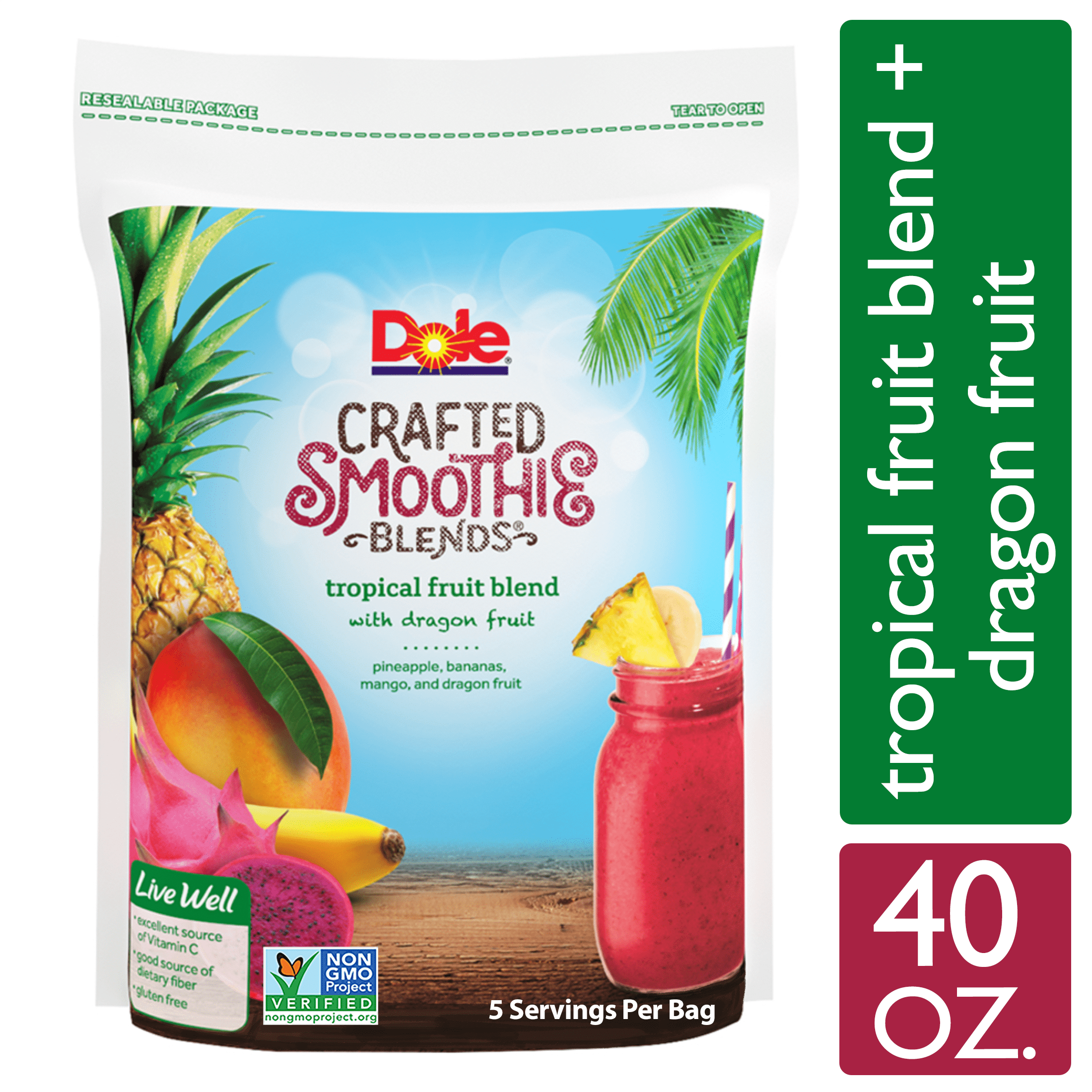 Dole Frozen Crafted Smoothie Blends, Tropical Fruit Blend with Dragon Fruit, 40 oz Bag