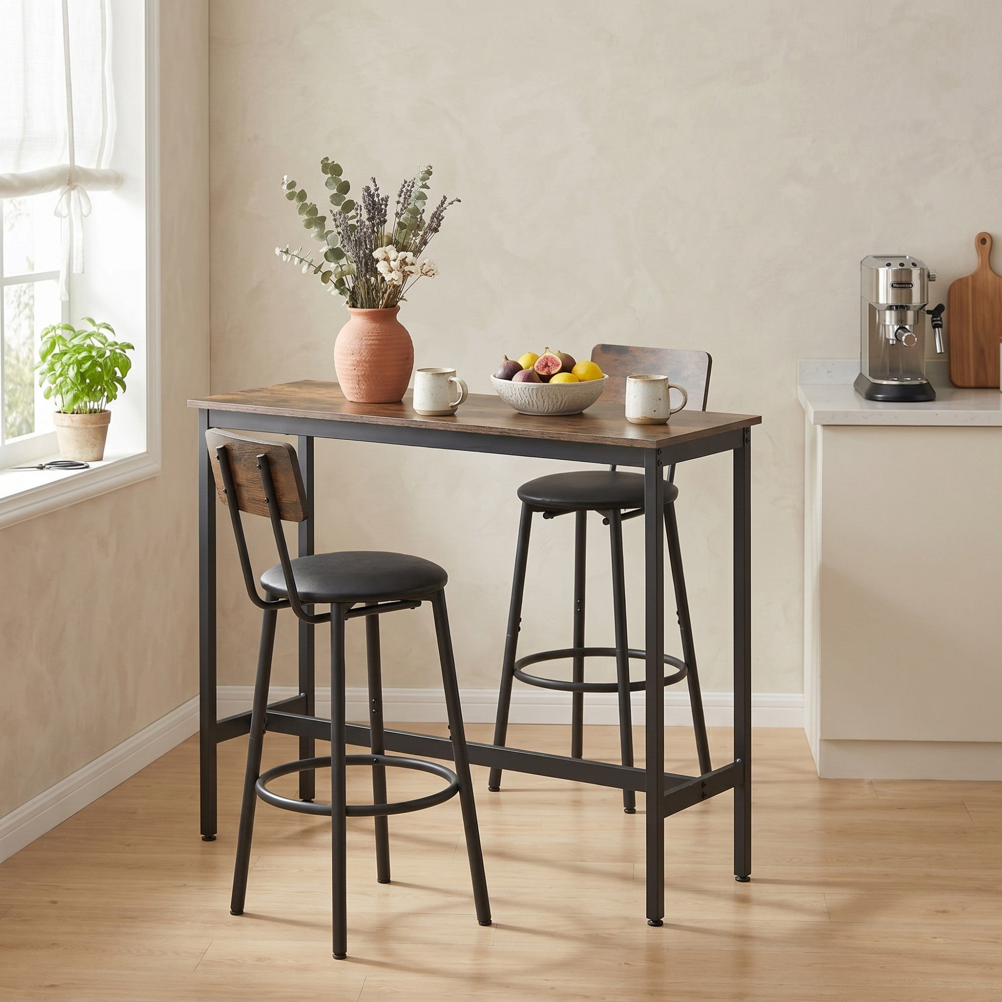 Sailvan Bar Table Set with 2 Bar Stools, PU Soft Seat with Backrest, Rustic Grey