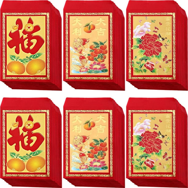 120 Pièces Enveloppes Rouges Chinoises Hongbao Année de l'Enveloppe  d'Argent Chanceux Poches d'Argent pour la Fête et le Nouvel An Chinois  (Fleur, Orange, Poisson) 