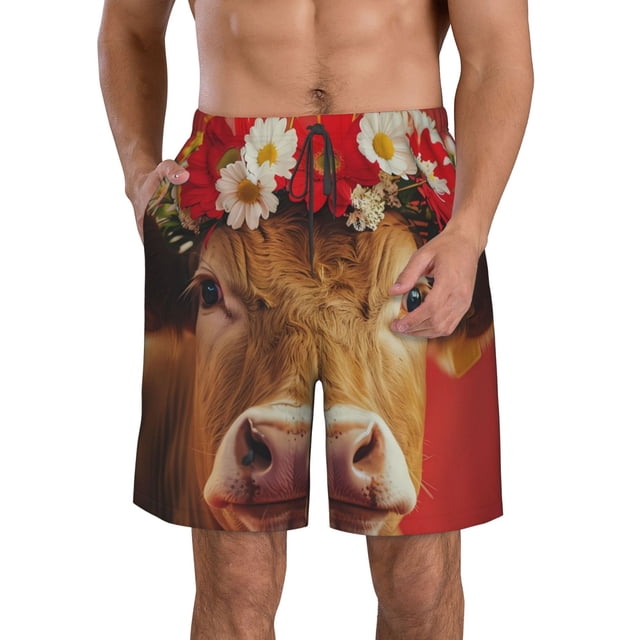 Balery White And Red Daisy Cow Traje de Baño Estilo Hawaiano para Hombre, Shorts de Secado Rápido con Bolsillos-Medium