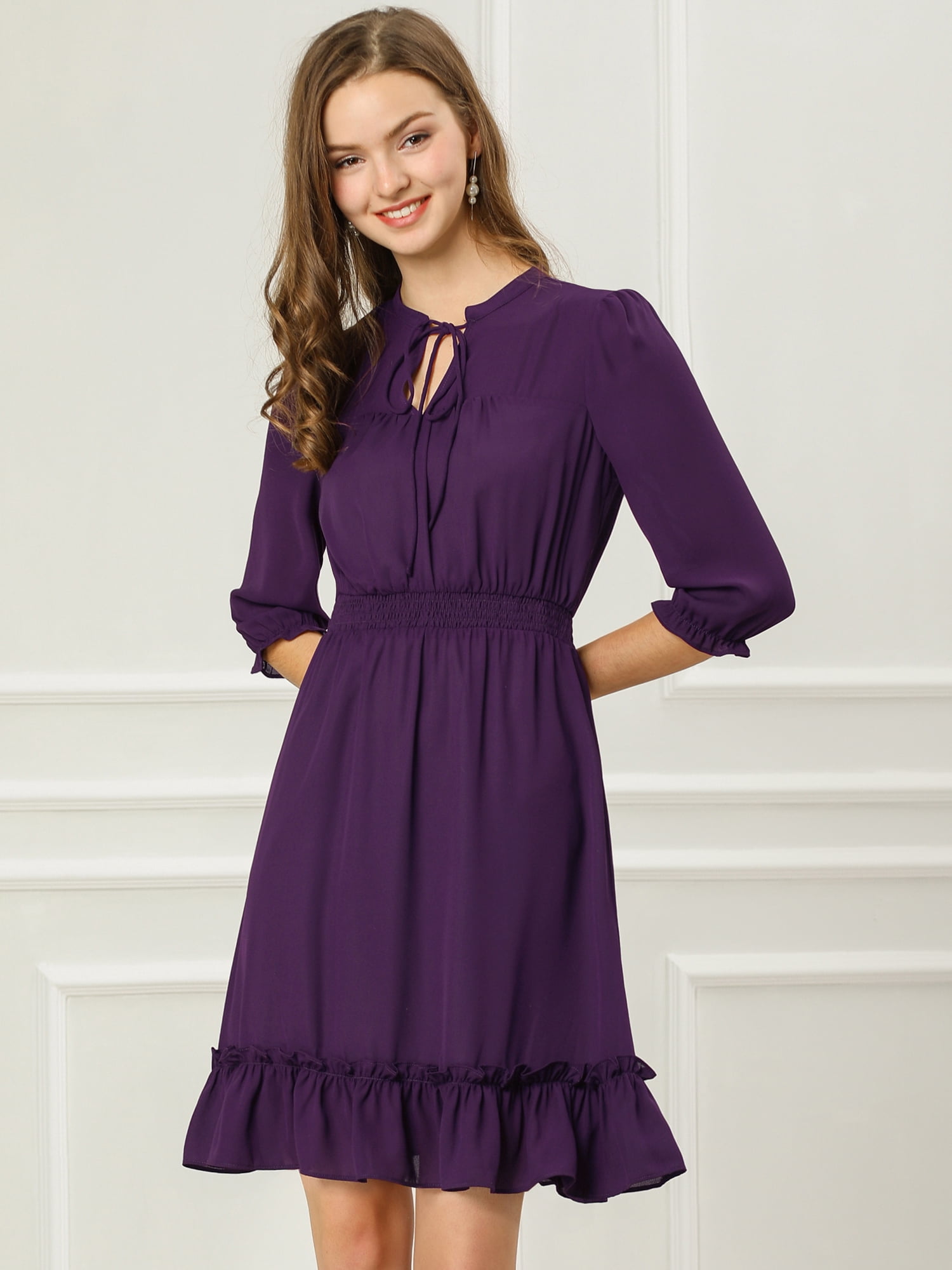 DARING DIVA Tie V Neck Chiffon 3/4 Sleeve Smocked Mini A-Line Dress 3XL Purple