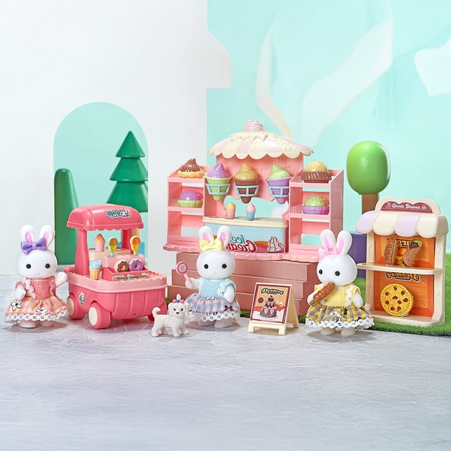 Juguete Casa de Muñecas Set Estación de Postres con Carrito de Helados, Pizza, Accesorios y Conejitos Incluidos