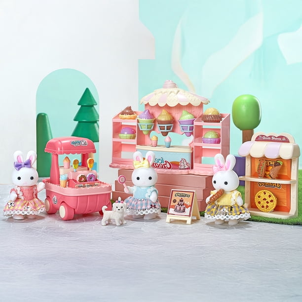 Juguete Casa de Muñecas Set Estación de Postres con Carrito de Helados, Pizza, Accesorios y Conejitos Incluidos