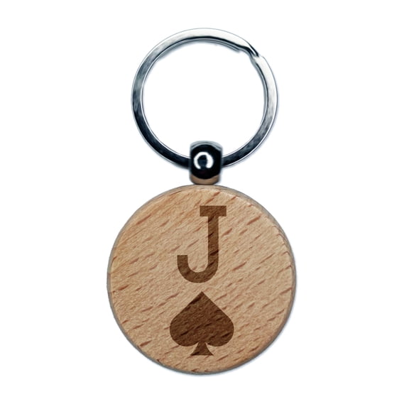 Jack of Spades Card Suit Round Keychain Charm Tag - Engraved Wood