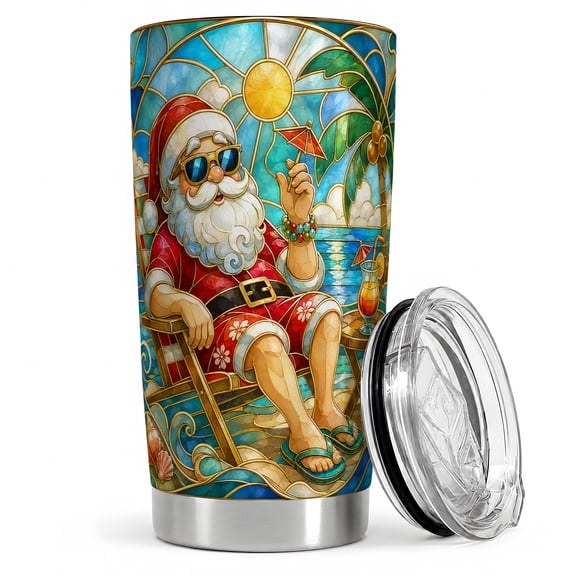 Beach Santa Cocktail Chair 20oz Tumbler, Santa Vacation Tumbler, Holiday Drinkware for Travel, Stained Glass Ocean Art, Tropical Palm Shell Decor, Coastal Men Women Summer Lovers