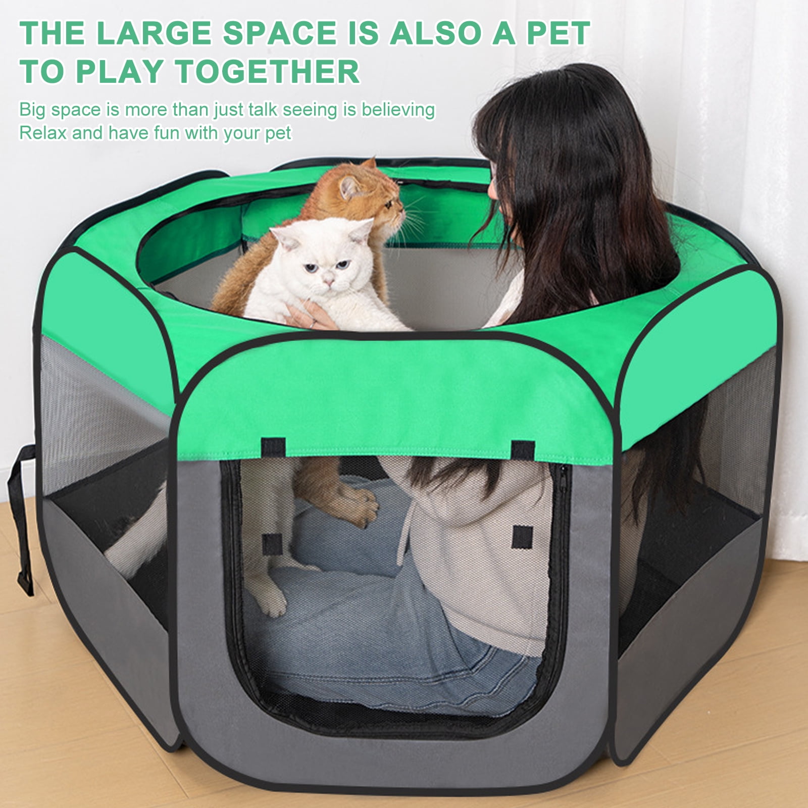 SPOKKI 43.3in Pet Playpen Pop-Up Dog Playpen, Folding Soft Dog Crate Portable Waterproof Outdoor Playpen for Dog Cat Chicken Recovery w/Bowl, Durable for Travel