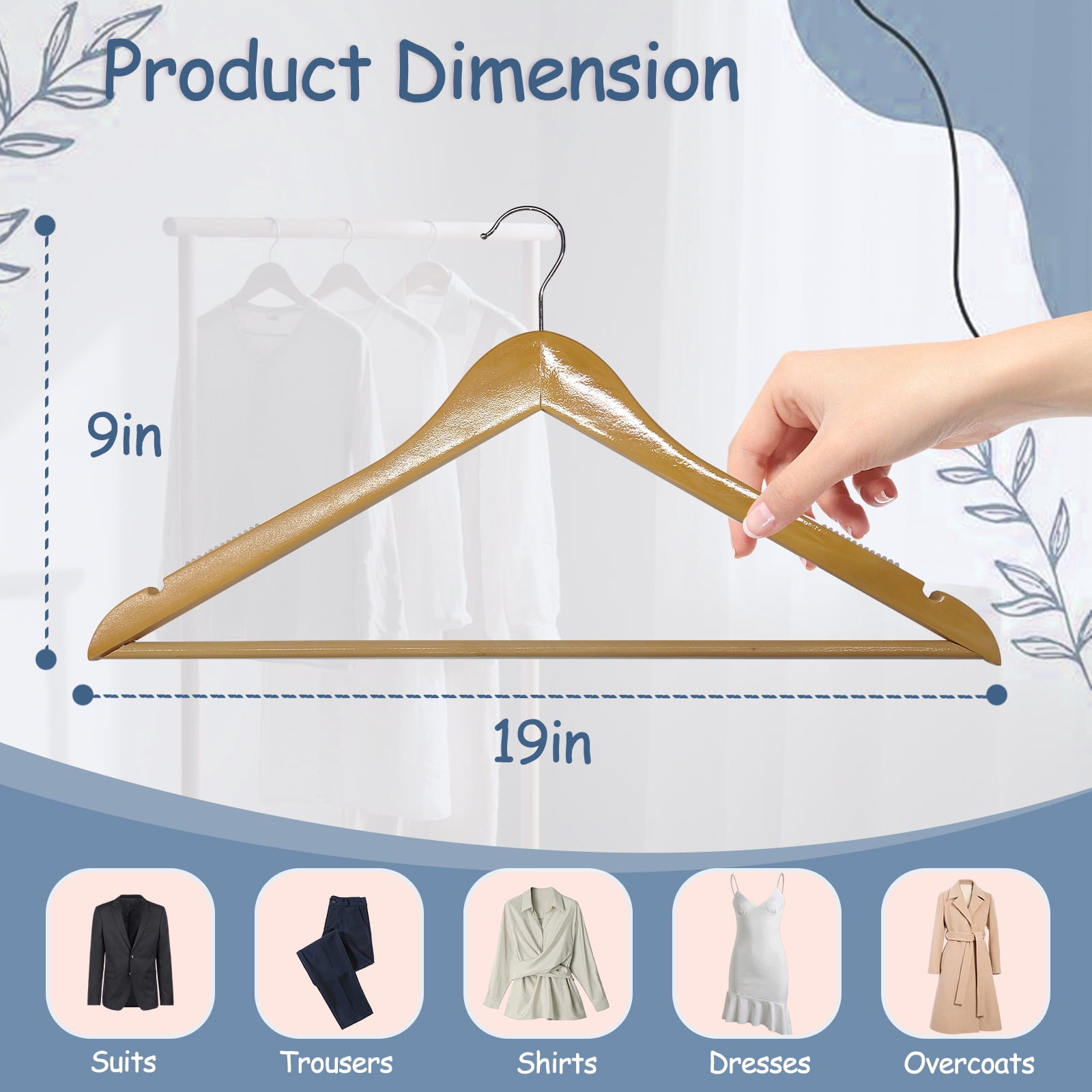 King Mills 19 Inch Plus Size Hangers, Extra Wide Hangers for Plus Size Clothes, Ganchos para Colgar Ropa, Ideal for XL, XXL Shirts, Coats, Dresses, Etc. Wood. Natural 10pk