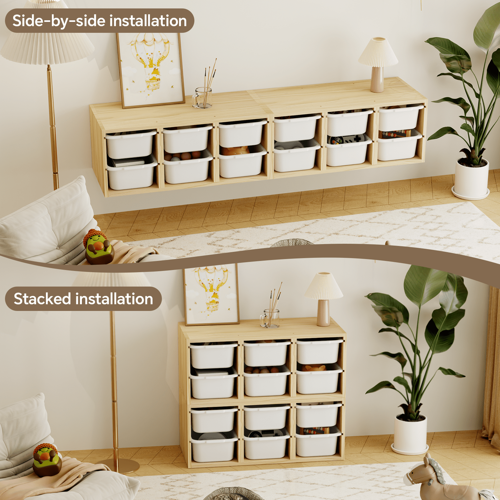 HAIDAIYA Wood kids toy storage organizer with 6 Bins Wall Mounted Space-Saving Hanging Toy Box for Nursery & Playroom (Natural)