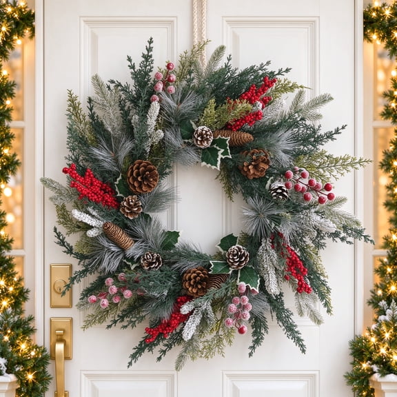 24 Inch Artificial Christmas Wreath for Front Door, Xmas Red Berry Wreath with Pine Needles, Pine Cones, Holly Leaves, Christmas Hanging Decorations