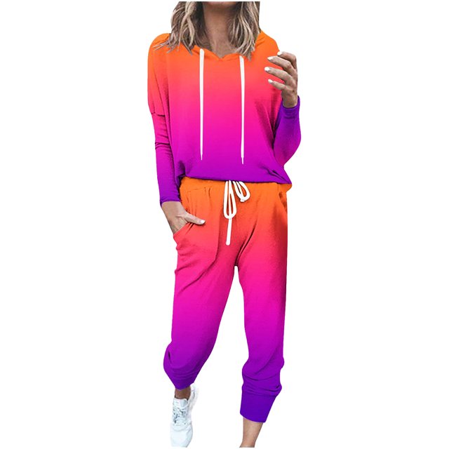 UAMVSH Survêtements pour Femmes Manches Longues Col Rond Chandail à Capuchon avec Pantalon Jogger Ensemble de Survêtement Dégradé Tendance 2 Pcs (Grand, Rose Vif 1)