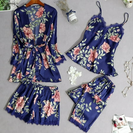 

Qcmgmg 3 Pack Nightgown Cami And Pants Sleepwear Pajamas Set Floral Sexy Lace Pjs for Women