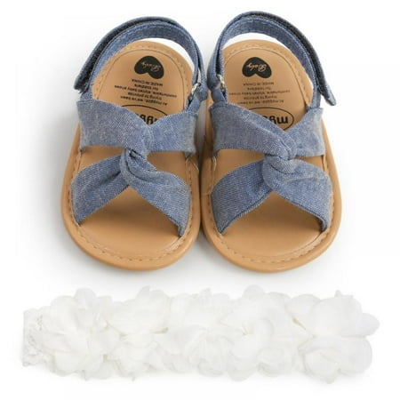 

Infant Baby Girls Summer Sandals with Flower Soft Sole Newborn Toddler First Walker Crib Dress Shoes + Headband 0-18Months