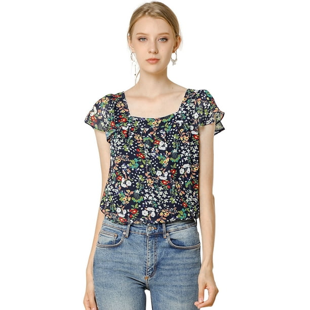 Blusa En Capas Manga Corta De Volantes De Gasa Con Cuello Cuadrado Para Mujer Azul marino L