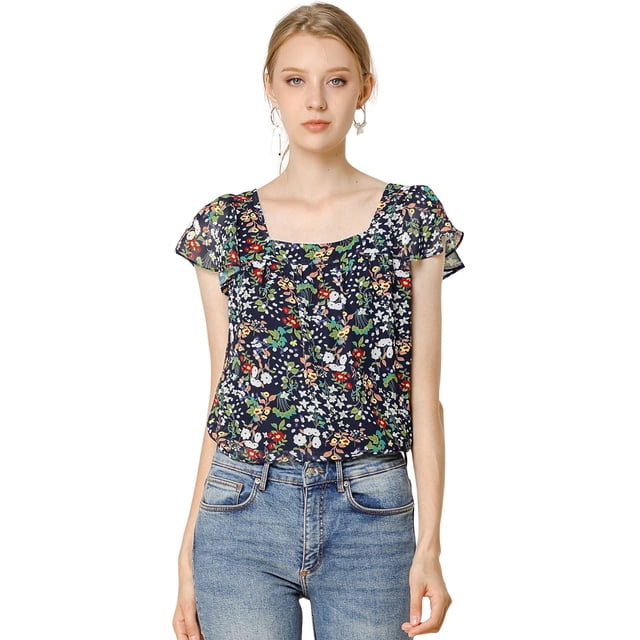 Blusa En Capas Manga Corta De Volantes De Gasa Con Cuello Cuadrado Para Mujer Azul marino L