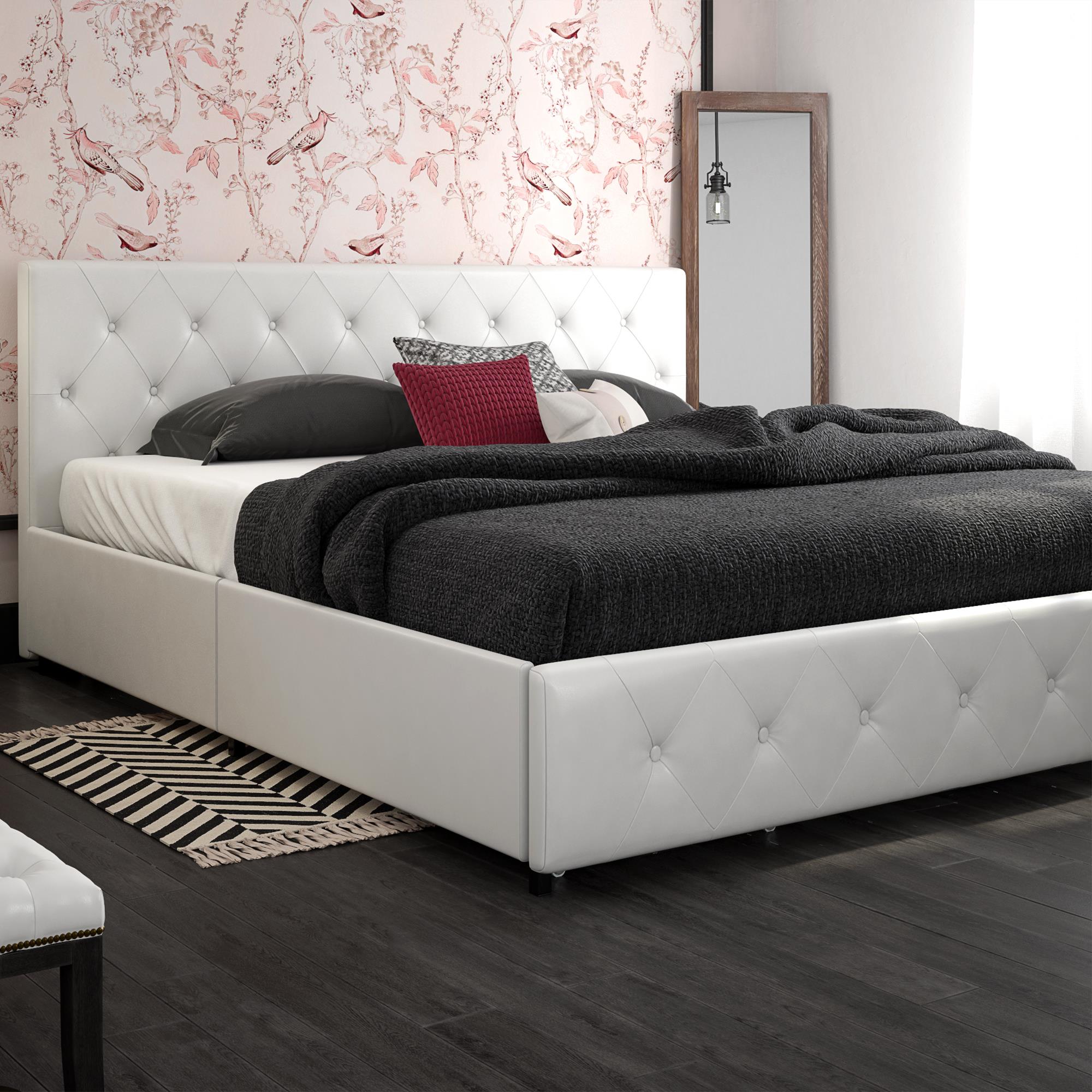 DHP Dakota Tufted Upholstered Storage Bed Frame, King, White Faux Leather