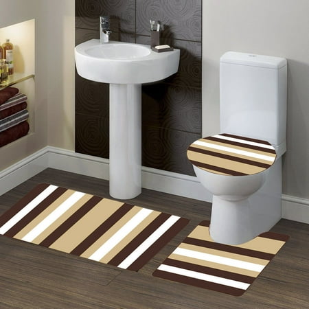 3 Pc 7 Stripe Brown High Quality Jacquard Bathroom Bath Rug Set