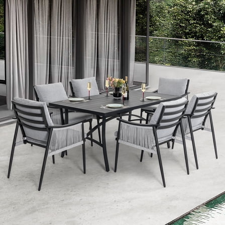 Nuu Garden 7-Piece Patio Dining Set, Table with Umbrella Hole and 6 Chairs with Handwoven Textilene Ropes and Soft Cushions with Zippers, All-Weather Aluminum Patio Dining Set for 6,  Gray and Black