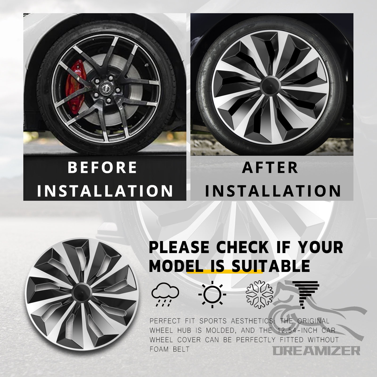 Hubcap Wheel Cover Replacement R15 Hub Caps Universal Wheel Rim Cover ABS Material Exterior Accessories Snap On Car Truck SUV -Set of 4 15-Inch Black