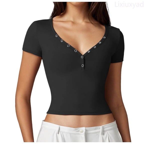 Lixiuxyad Women's Short Sleeve T Shirts Double Lined Button Up Slim Fit Crop Top Going Out Tops Loose Fit,Black L