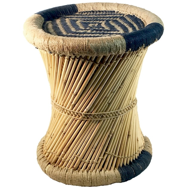 Natural Geo Moray Accent Stool - Handwoven Blue Diamond