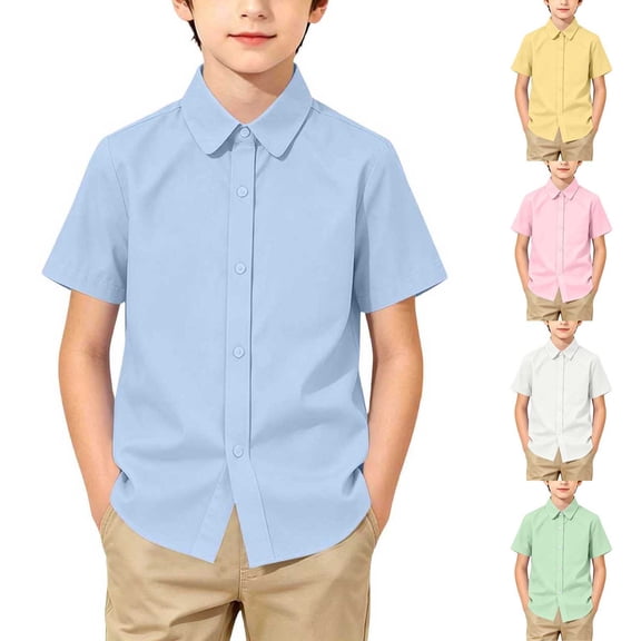 Boys Short Sleeve Button Down Shirt Summer Solid Kids Boy Dress Shirts Size 1-16 Years Blue